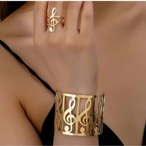 Music note gold bracelet ring set